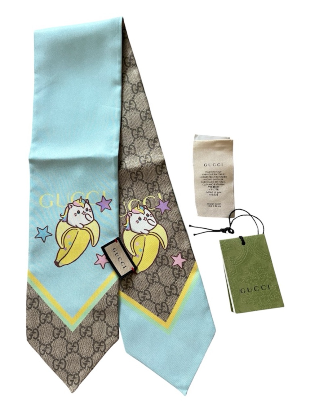 Gucci Brown & Light Blue Silk Monogram Scarf with Banana Graphic - Picture 5 of 13